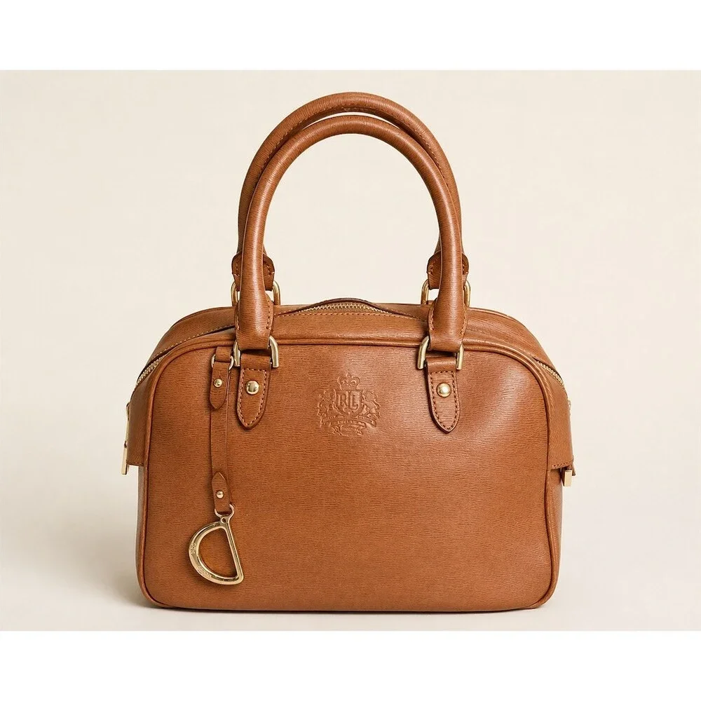 Lauren Ralph Lauren Dome Satchel Top Handle Bag Brown Cognac Gold Crest